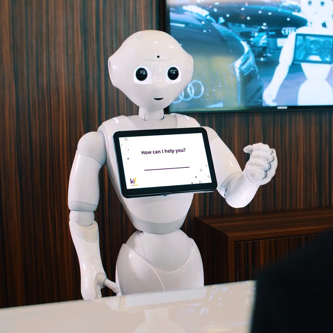 Humanoid robot Pepper works at the front desk