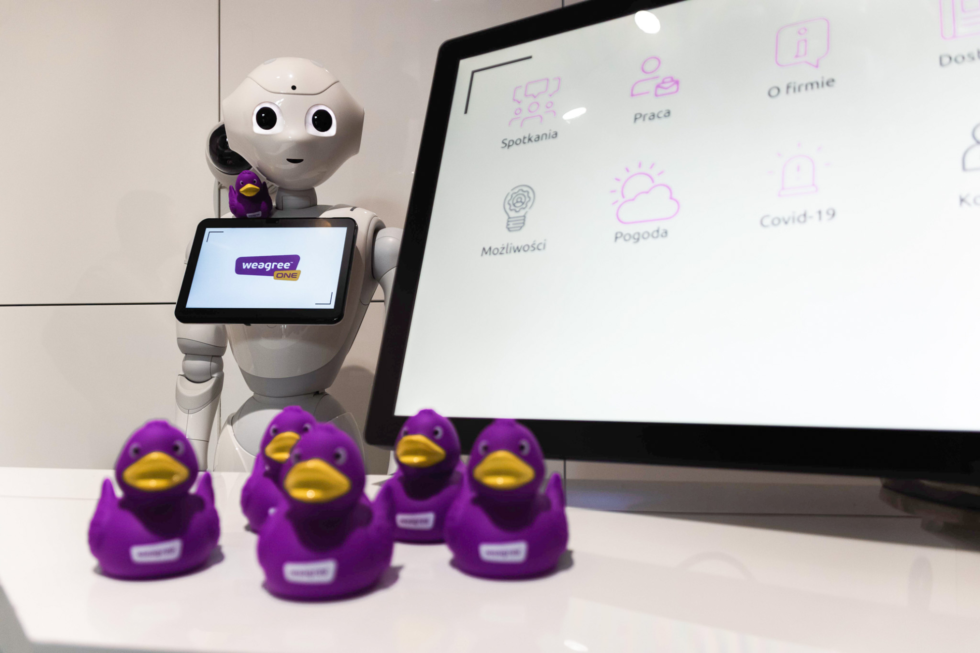 Robot Pepper wraz z rozwiązaniem recepcyjnym na ekranie dotykowym