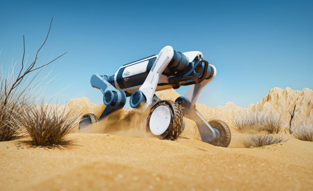 Robot pies Unitree Go2 Pro stoi na skale
